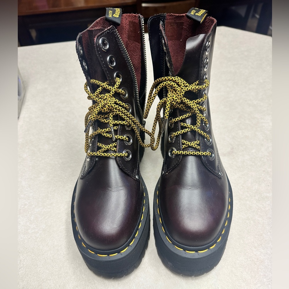 Size 7/UK5/EU38 platform Dr. Martens vegan Jadon ankle boots, deep red/maroon.